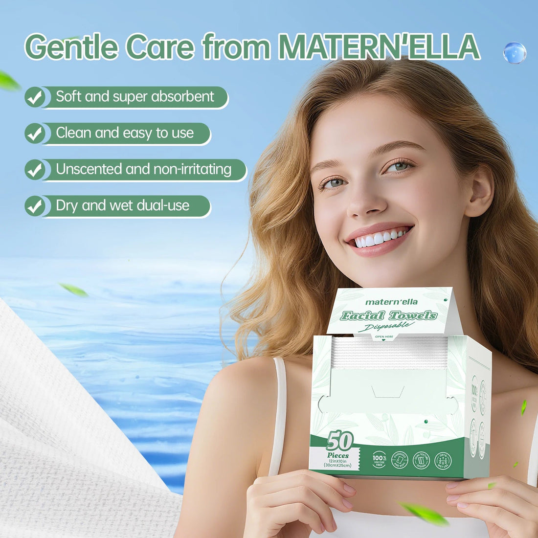 Matern'ella Disposable Facial Towels XL – 50 Count, Plant-Based