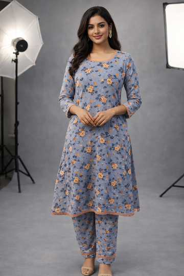 Women’s Printed 2 Piece Suit – Floral Frock with Matching Trouser for Summer Wear