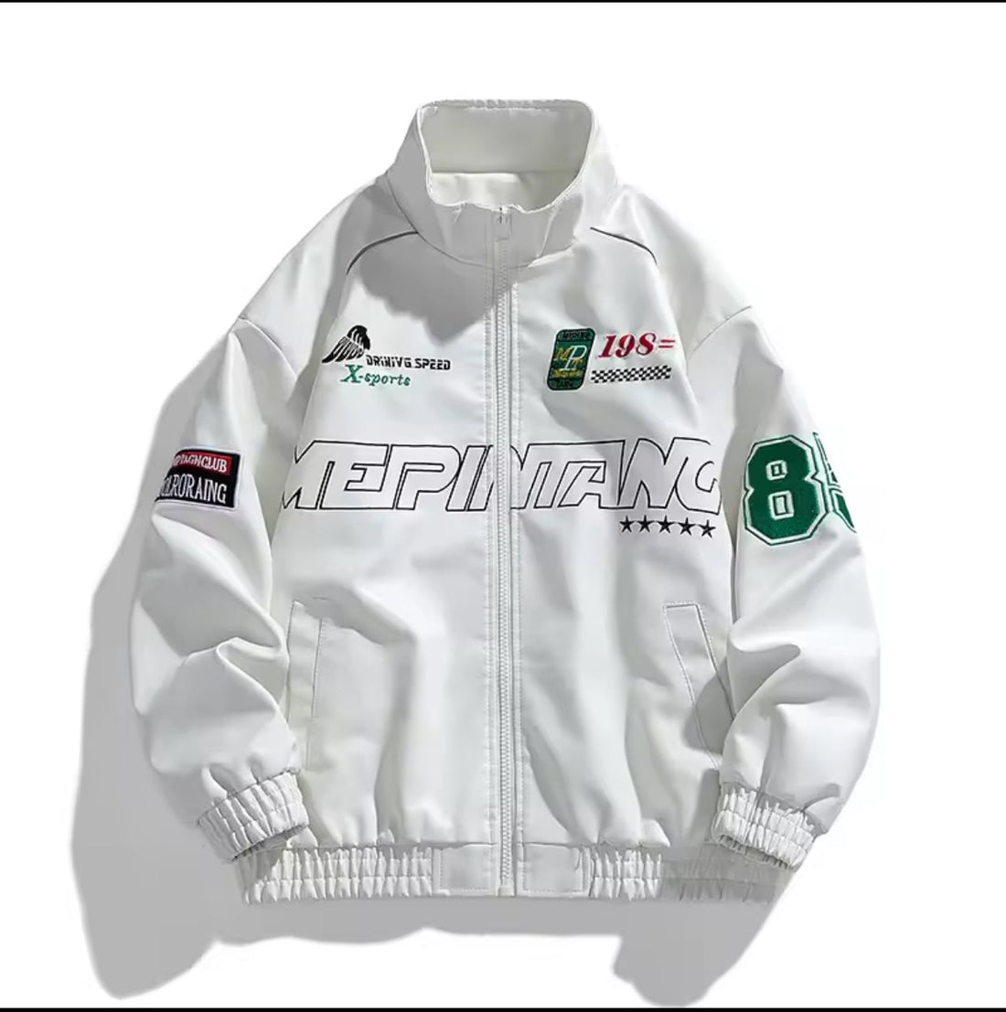 Mens PU Leather Jacket Vintage Racing Style Stand Collar Red Biker Coat Embroidery.