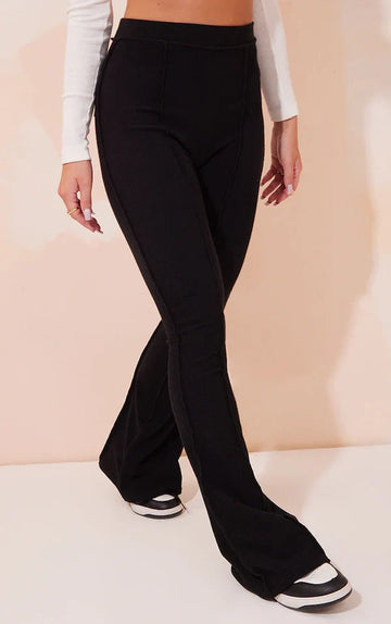 Black Rib High Waist Seam Detail Flared Trousers