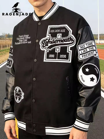 Men's Baseball Jacket Plus Size Bomber Coat Faux Leather Sleeves Spring/Autumn Varsity Windbreaker Tai Chi Embroidery Clothing